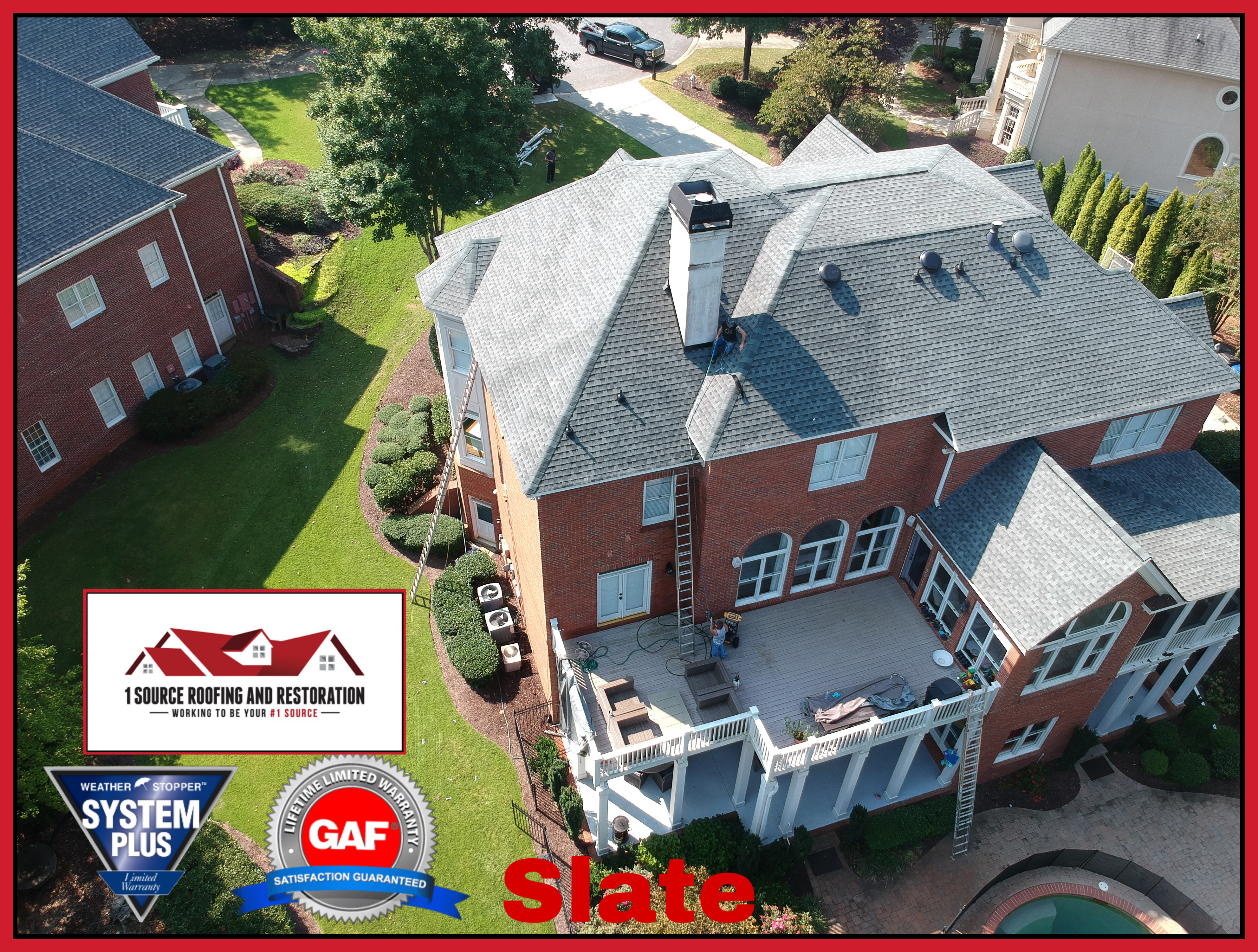 Slate-colored architectural shingle roof in Atlanta luxury community meeting HOA requirements
